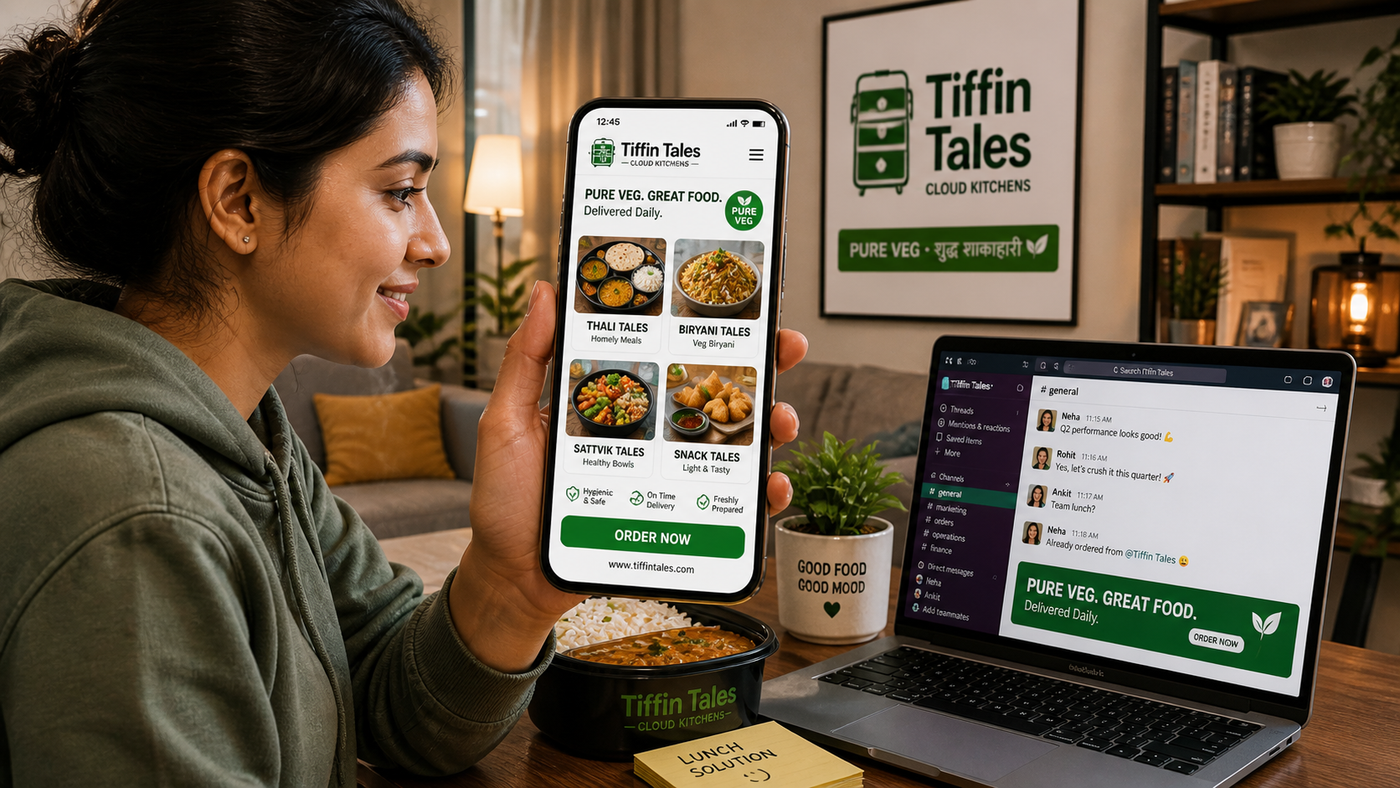 Tiffin Tales mobile order app — Indian woman in casual hoodie sitting on a sofa at her workfromhome desk holding mobile phone showing the Tiffin Tales 4-brand order grid (Thali Tales, Biryani Tales, Sattvik Bowls, Snack Tales) with a green PURE VEG header badge and an Order Now button; a laptop with Slack open is visible on the coffee table behind, framed Tiffin Tales · Cloud Kitchens poster on the wall, a black takeaway tiffin tray on the coffee table