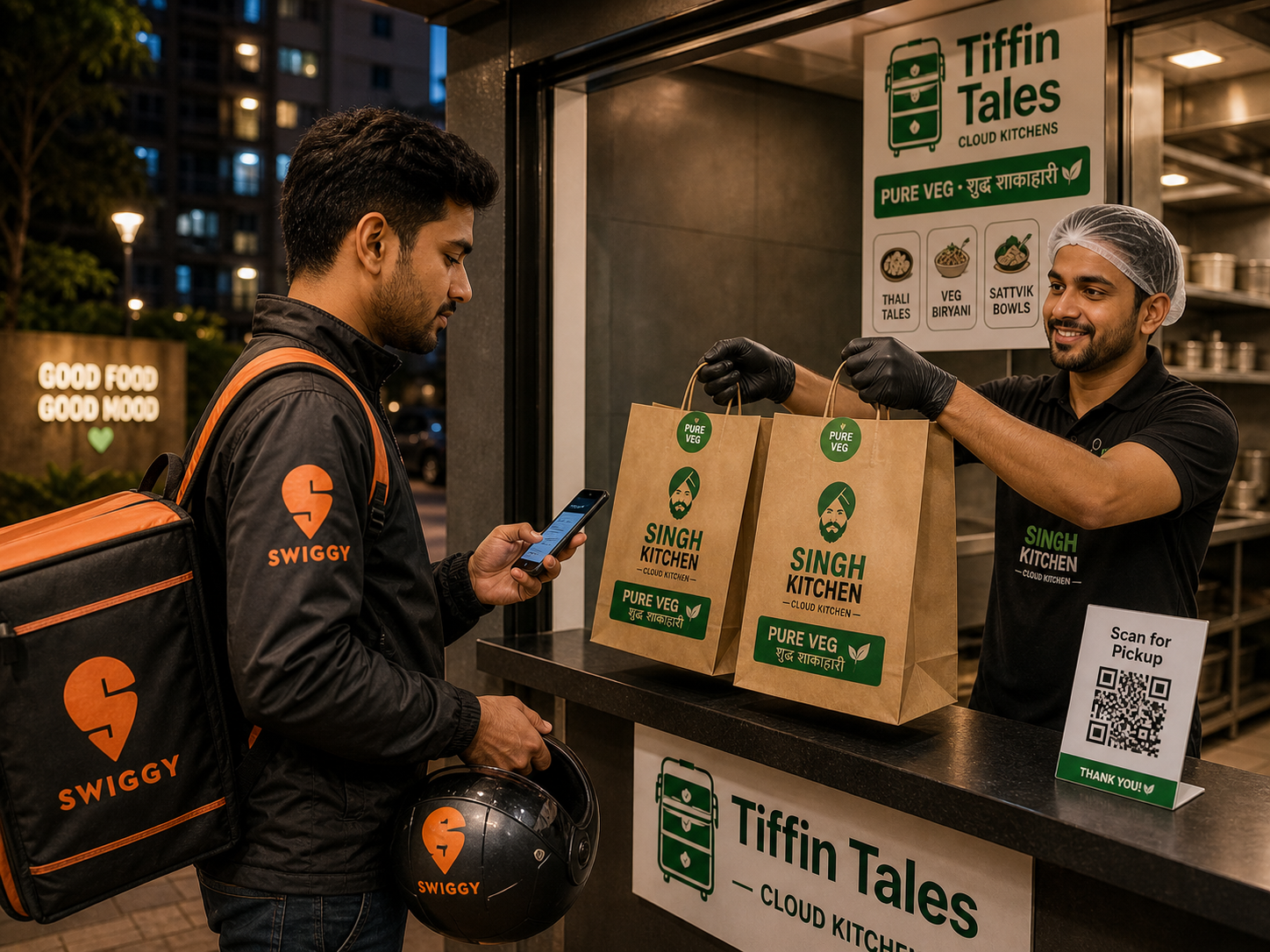 Tiffin Tales pickup window — a Swiggy delivery rider in branded orange Swiggy jacket and helmet receiving 3 sealed Tiffin Tales kraft-paper bags from a kitchen staff member at the Tiffin Tales pickup window; the rider is scanning a QR code on the bag with his phone, the pickup-window has Tiffin Tales · Cloud Kitchens signage with a green PURE VEG / शुद्ध शाकाहारी badge, GOOD FOOD GOOD MOOD wall art glowing in the background, evening time-stamp