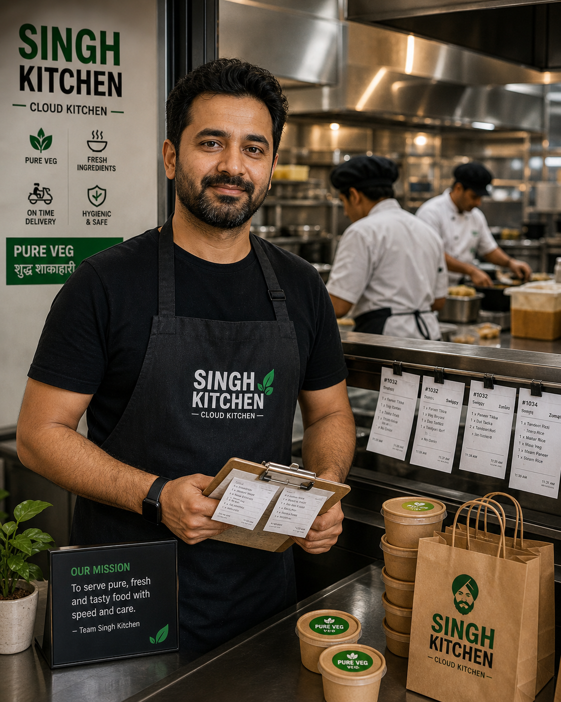 Founder portrait — Kunal Aggarwal, founder of Tiffin Tales Cloud Kitchens, in a black apron with the Tiffin Tales / Singh Kitchen co-brand wordmark, slight smile, holding a clipboard with daily order tickets, standing at the kitchen pass-window with two chefs visible in soft focus behind, large green PURE VEG / शुद्ध शाकाहारी signage on wall, Today's Order tickets hanging on a clip