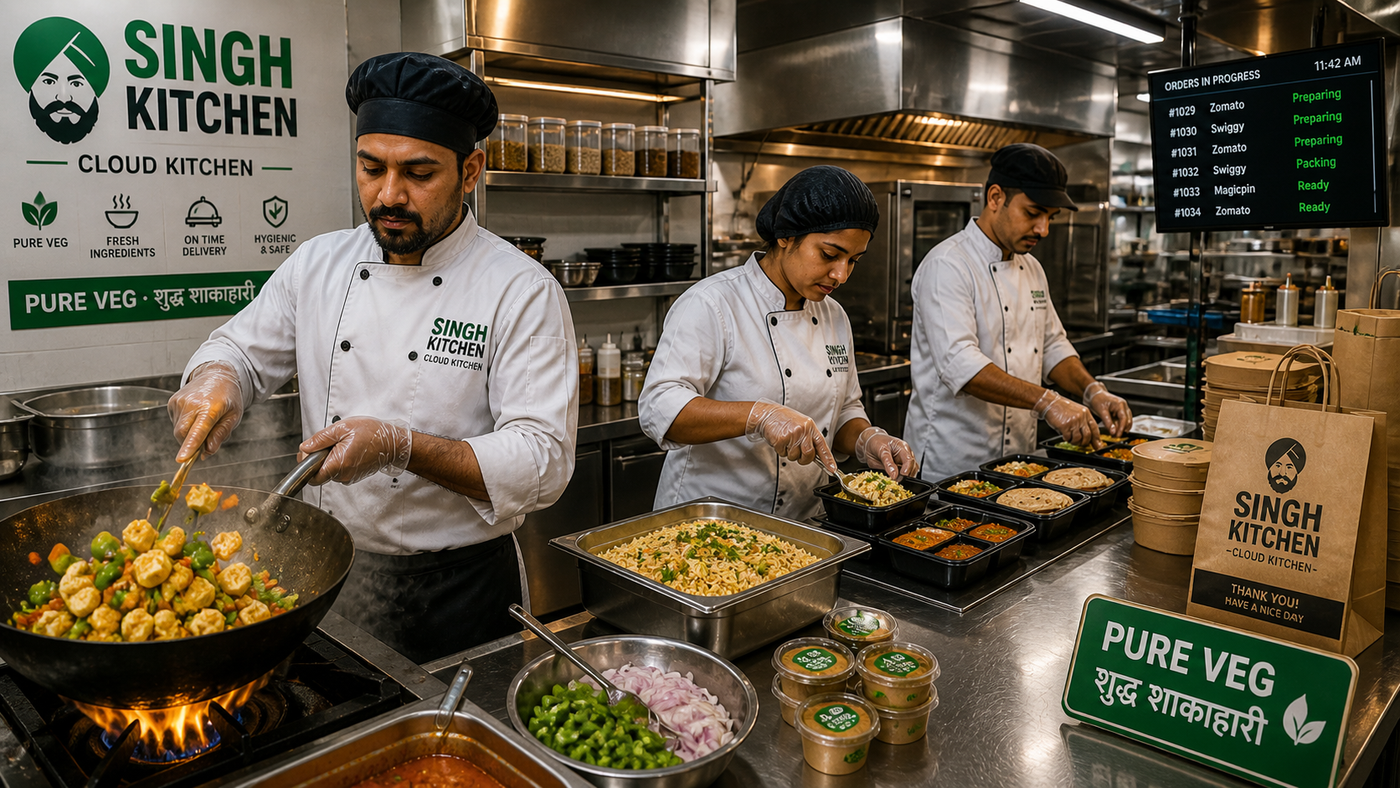 Tiffin Tales cloud kitchen — three Indian chefs in white coats and chef caps at three stainless-steel kitchen stations, one stir-frying paneer + capsicum + green peas in a wok, one assembling Awadhi-style veg biryani in a black takeaway box, one plating a steel thali; Singh Kitchen pure-veg branded packaging visible on the right side, large green PURE VEG / शुद्ध शाकाहारी sign on the wall, ORDERS IN PROGRESS digital screen showing live orders