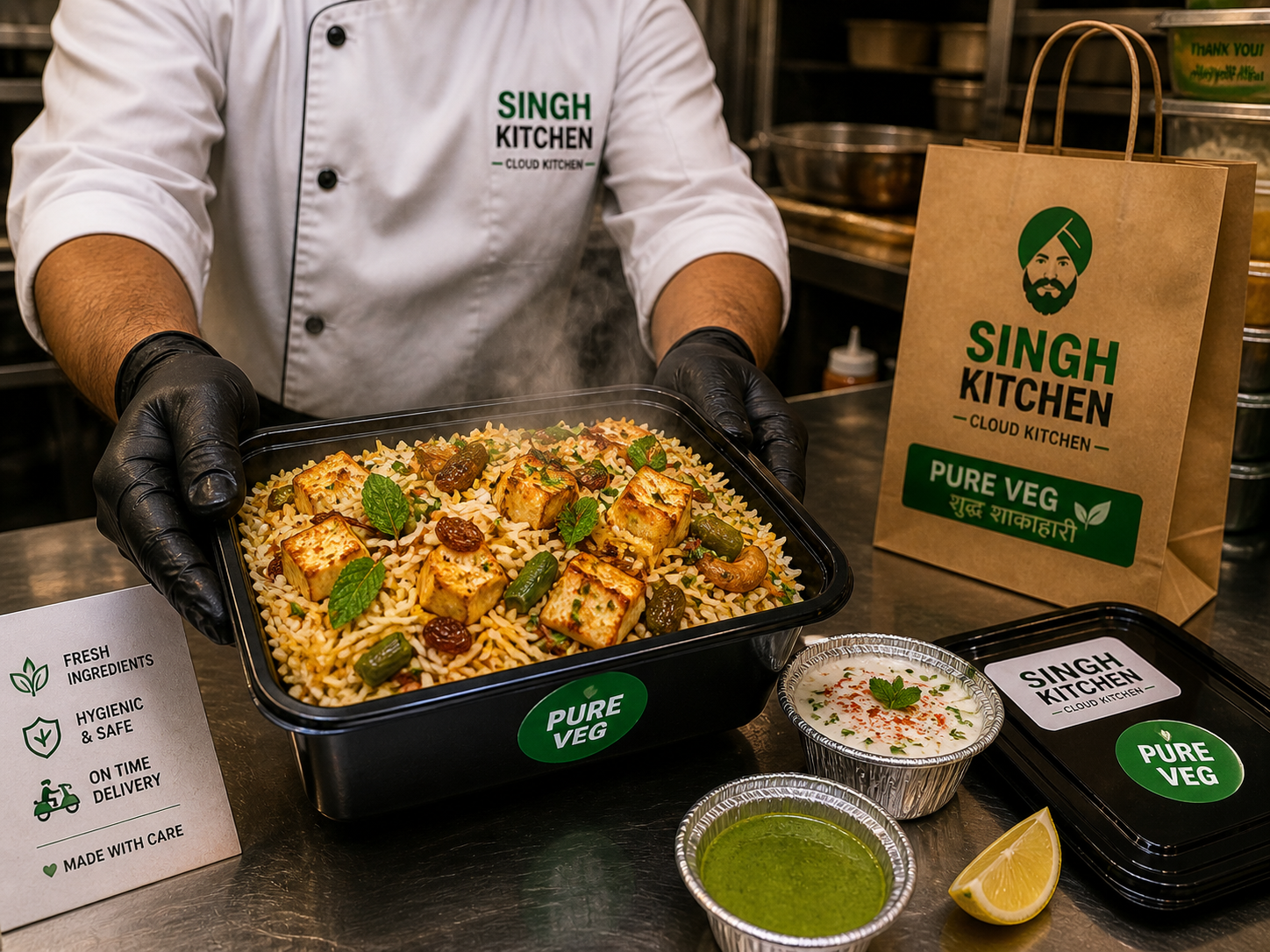 Tiffin Tales · Biryani Tales — chef in white coat with black gloves plating a steaming Awadhi-style paneer biryani into a black takeaway box; visible paneer cubes, mint leaves, cashew, golden raisin, saffron strands; small foil cups of mint raita and green chutney + a wedge of lemon beside; PURE VEG green sticker on the takeaway box and a Singh Kitchen branded paper bag in the background