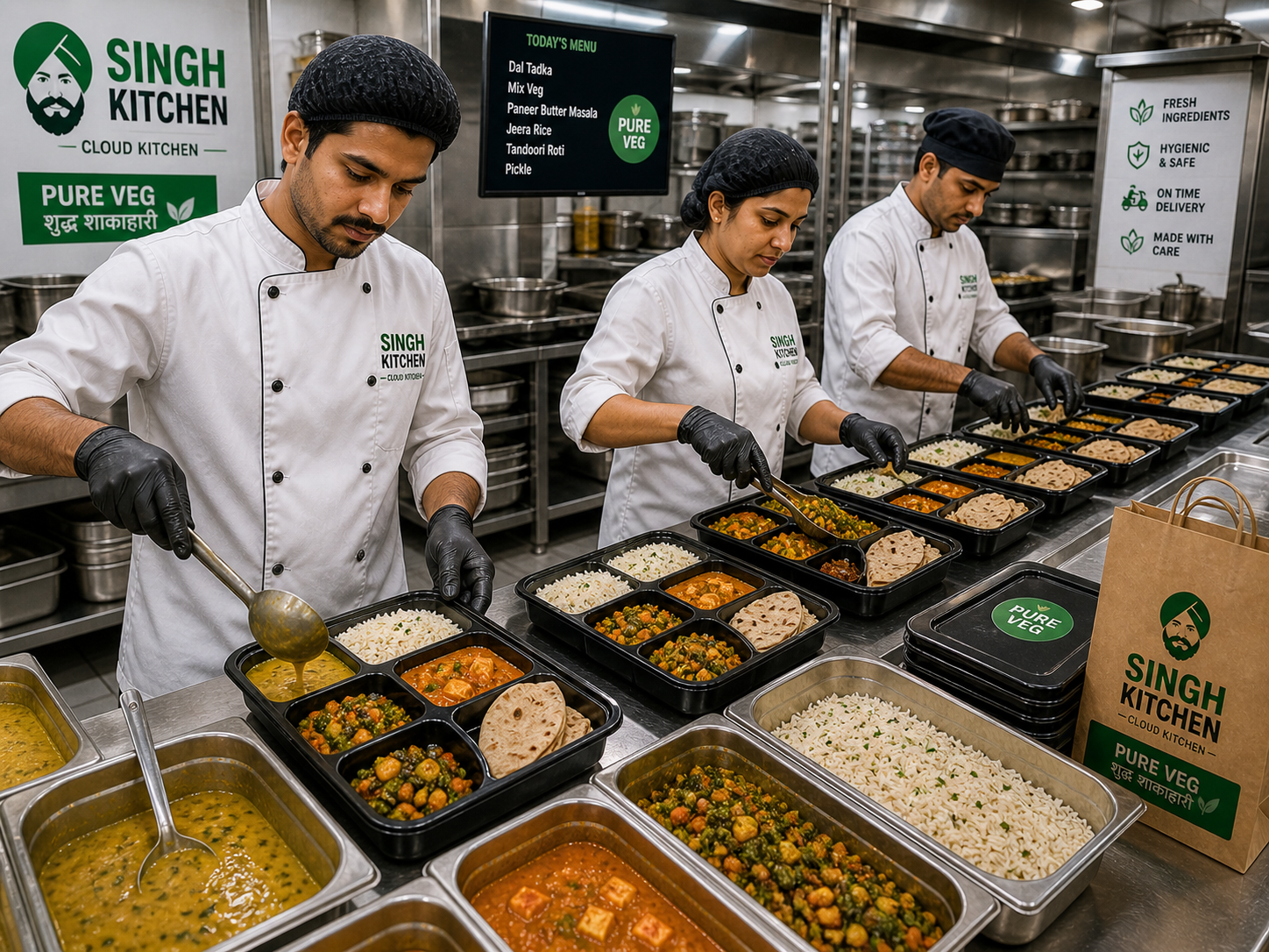 Tiffin Tales Singh Kitchen station — 3 Indian chefs in white coats with black gloves at a long stainless-steel assembly bench filling 4-compartment black takeaway tiffin trays with dal, paneer butter masala, rice, and roti from large stainless-steel hotpots; PURE VEG green sticker visible on the wall behind, Today's Menu chalkboard listing Dal Tadka, Mix Veg, Paneer Butter Masala, Jeera Rice, Tandoori Roti, Pickle