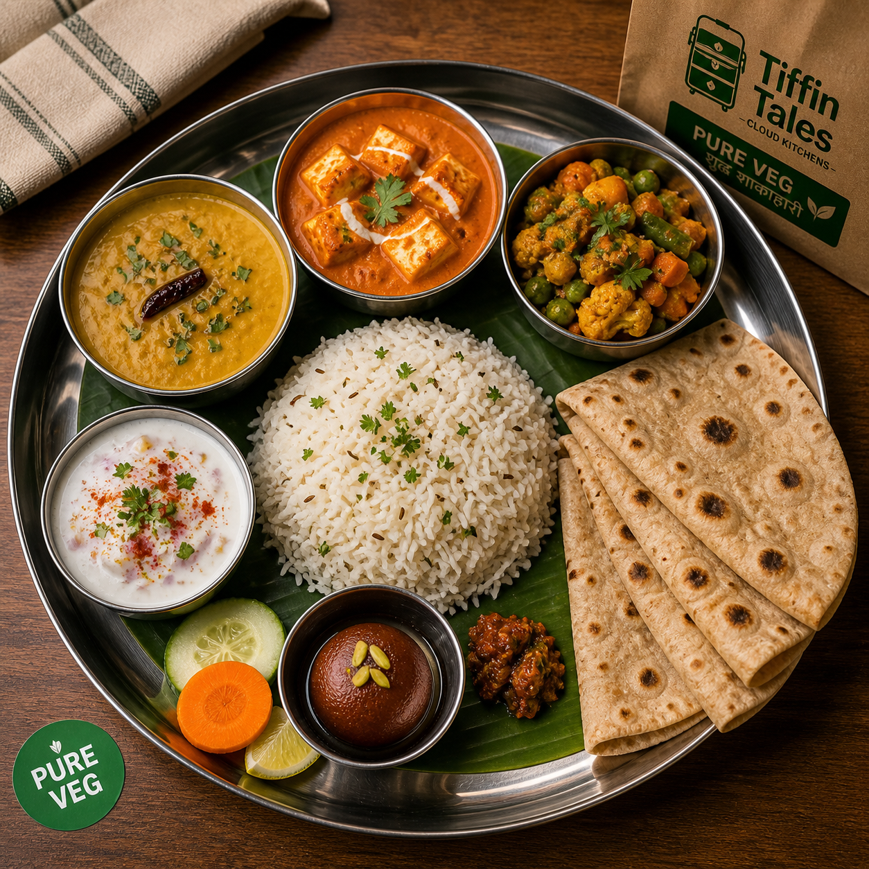 Tiffin Tales signature thali — top-down view of a fully-loaded steel thali on a banana leaf liner, with bowls of dal, paneer makhani, mixed-vegetable subzi, jeera rice, three stacked phulka rotis, raita, sliced cucumber and carrot, lemon wedge, gulab jamun in a small steel katori; a Tiffin Tales paper bag with the green PURE VEG · शुद्ध शाकाहारी sticker visible at the top right corner of the frame